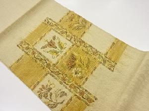 手織り真綿紬変わり格子に草花模様織出し名古屋帯